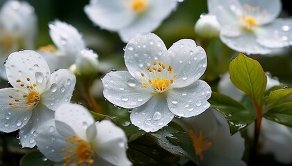 close up of white flowers with water droplets on petals white flower water droplets dew rain macro