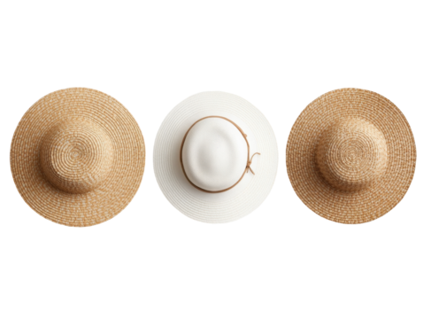 Elegant Collection of Three Distinct Straw Hats Displaying Unique Designs and Textures, Perfect for Summer Fashion and Outdoor Activities on transparent background