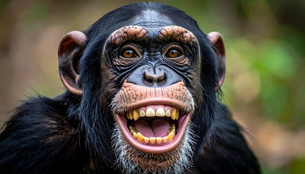 Close-up of a chimpanzee grinning broadly, showing its teeth
