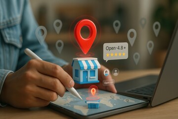 Tablet showing holographic local business store with 4.8 star review rating
