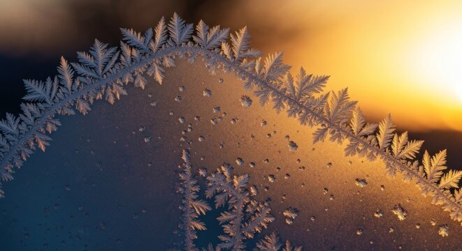 Frosty window pane with intricate ice patterns at sunrise