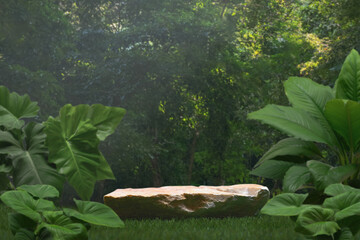 Stone podium stand with green tropical forest nature background.natural product pedestal rock table top display.jungle paradise concept.