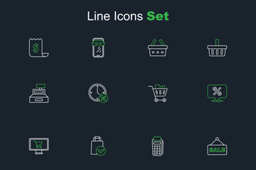 Set line Hanging sign with text Sale, POS terminal, Paper shopping bag, Shopping cart on monitor, Discount percent tag, and food, Clock discount and Cash register machine icon. Vector
