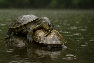 Two Turtles Resting on a Rock in the Rain Gentle Water Interaction