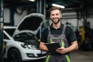 Smiling auto mechanic holding digital tablet in repair shop. Male technician standing in front of car with open hood at garage service center.