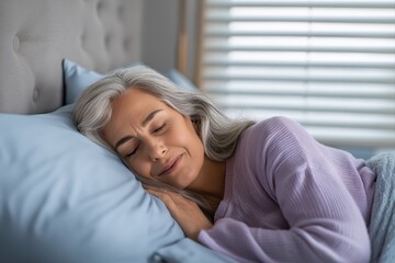 Peaceful older woman sleeping comfortably in cozy bedroom. Deep rest at home during daytime