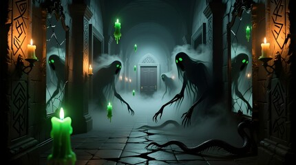 Surreal haunted hallway with living shadows, glowing runes, gothic spooky Halloween wallpaper in 4K