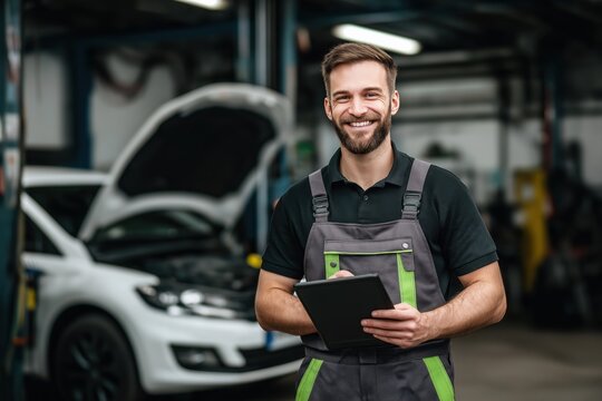 Smiling auto mechanic holding digital tablet in repair shop. Male technician standing in front of car with open hood at garage service center.