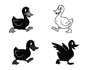 Four cartoon ducks in different poses and colors including black and white with one duck spreading its wings in a playful manner