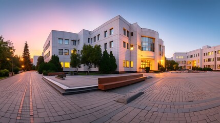 A serene university building at dusk, with a calm and peaceful atmosphere.