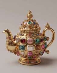A magnificent gold teapot, lavishly adorned with colorful gemstones, showcasing intricate artistry and exquisite craftsmanship.