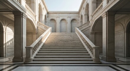 Obraz premium Grand, light-filled marble staircase in a classical-style building