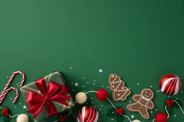 Vibrant Christmas celebration scene featuring a wrapped gift with red ribbon, candy canes,...