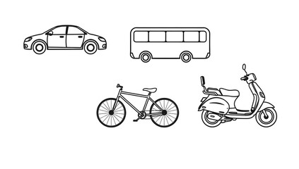 Fototapeta premium Monoline doodle style vector illustration of transport icons such as car bus bicycle and scooter in black line art isolated on clean background