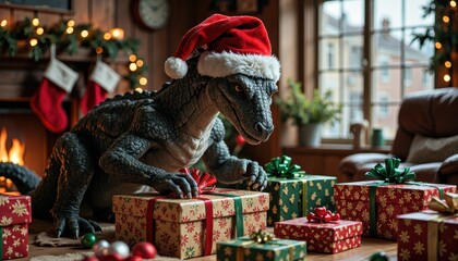Festive dinosaur wearing santa hat surrounded by christmas presents in cozy living room