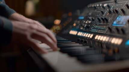 Obraz premium Closeup on a digital synth interface with AIenhanced tuning algorithms on screen hands adjusting controls sharply in focus against a blurred studio backdrop.