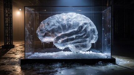 transience. Hyper-realistic brain sculpture crafted from fragile translucent ice, melting under spotlights into dark puddles. product launch decks.