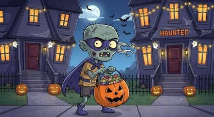 Funny zombie kid carrying pumpkin candy bucket, cartoon Halloween trick-or-treat scene in front of decorated houses