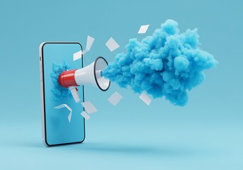 A smartphone with a megaphone emitting a cloud of blue smoke and white papers, symbolizing digital marketing and online promotion, on a blue background