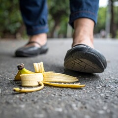 Woman's foot about to step on banana peel