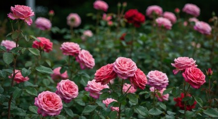 Obraz premium Lush rose garden bursting with vibrant pink and red blooms