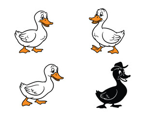 Four charming cartoon ducks in various poses and styles including a silhouette duck wearing a cowboy hat on a white background