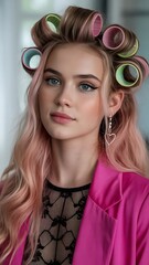 Young woman with pink hair and hair rollers wearing a pink blazer and heart earring female