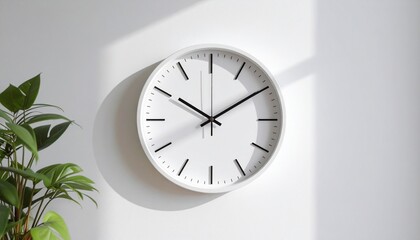 Minimalist white wall clock with long shadows from sunlight next to a houseplant, symbolizing the passage of time and daily routine