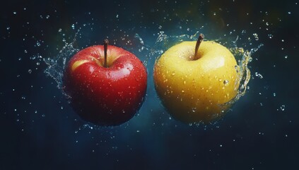 Fresh Red and Yellow Apples Splashing in Water on Dark Background