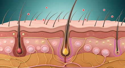 Detailed Cross Section of Human Skin and Hair Follicles Illustrating Anatomy and Dermatology Concepts