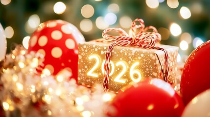 Metallic 2026 numerals glowing among balloons and gifts photographed with DSLR, 70mm lens, centered framing with bright highlights