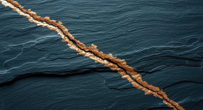 Golden vein cracking through dark slate surface abstract pattern
