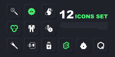 Set Hive for bees, Honeycomb, Beekeeper costume, location, flower and Jar of honey icon. Vector
