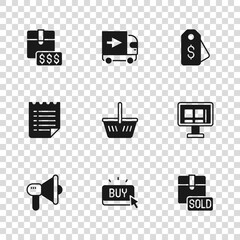 Set Buy button, Online shopping screen, Sold, Shopping basket, Price tag with dollar, Item price, Delivery cargo truck and Wish list template icon. Vector