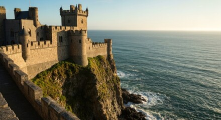 Medieval fortress perched on a dramatic coastal cliff overlooking the ocean