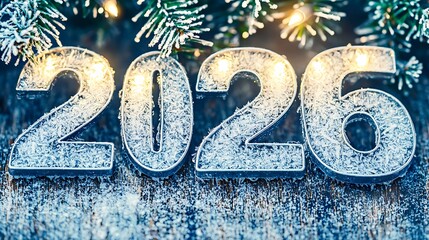 Frosty scene with Christmas tree and glowing 2026 numbers photographed on DSLR, 35mm lens, crisp numerals beside frost-kissed branches under cool twilight tones