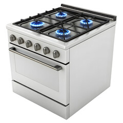 White gas stove with four burners and oven isolated on transparent background