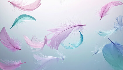 パステルカラーの羽が舞う柔らかく幻想的な背景