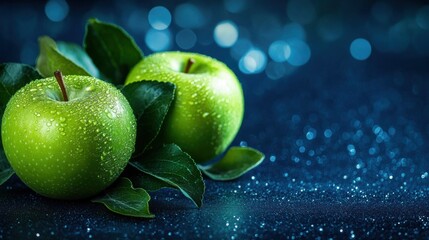 Fresh Green Apples with Water Droplets and Leaves on Glittering Blue Surface
