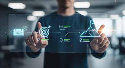 Digital task completion workflow, with a user interacting with a virtual interface that displays icons, check marks, and a target.