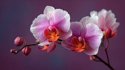 Obraz premium Pink and white orchid blossoms against dark purple background