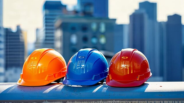 Brightly colored hard hats are placed in a row on a railing at a construction site, showcasing a view of the urban landscape behind them