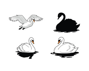 Four distinct artistic illustrations of swans showcasing different poses and styles including a flying white swan a black swan silhouette and two white swans on water