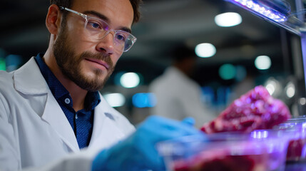 A researcher is focused on inspecting meat quality in a modern laboratory environment, emphasizing the importance of food safety and scientific analysis in today's culinary landscape.