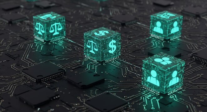 Glowing Turquoise Digital Blocks on Electronic Circuit Board