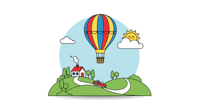 Whimsical Journey: Cartoon Landscape with Hot Air Balloon, House, and Red Car, a scene imbued with cheerfulness and a sense of childlike wonder