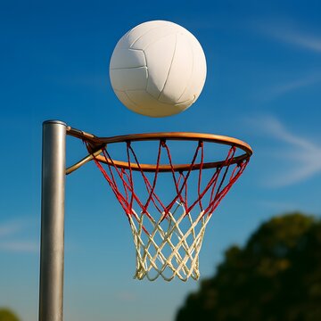 netball action shot with ball hoop and textured net close up