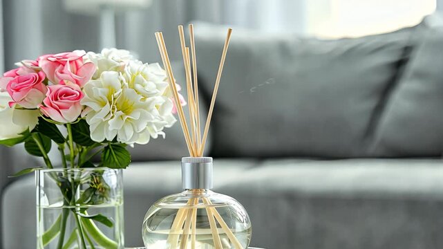 In a stylish living room, a diffuser emits fragrant aromas beside a vase of blooming flowers, creating an inviting atmosphere