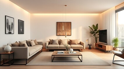 Fototapeta premium A stylish modern living room with minimalist furniture, featuring clean lines and warm ambient lighting.