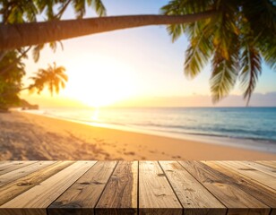 Wooden planks on beach at sunset